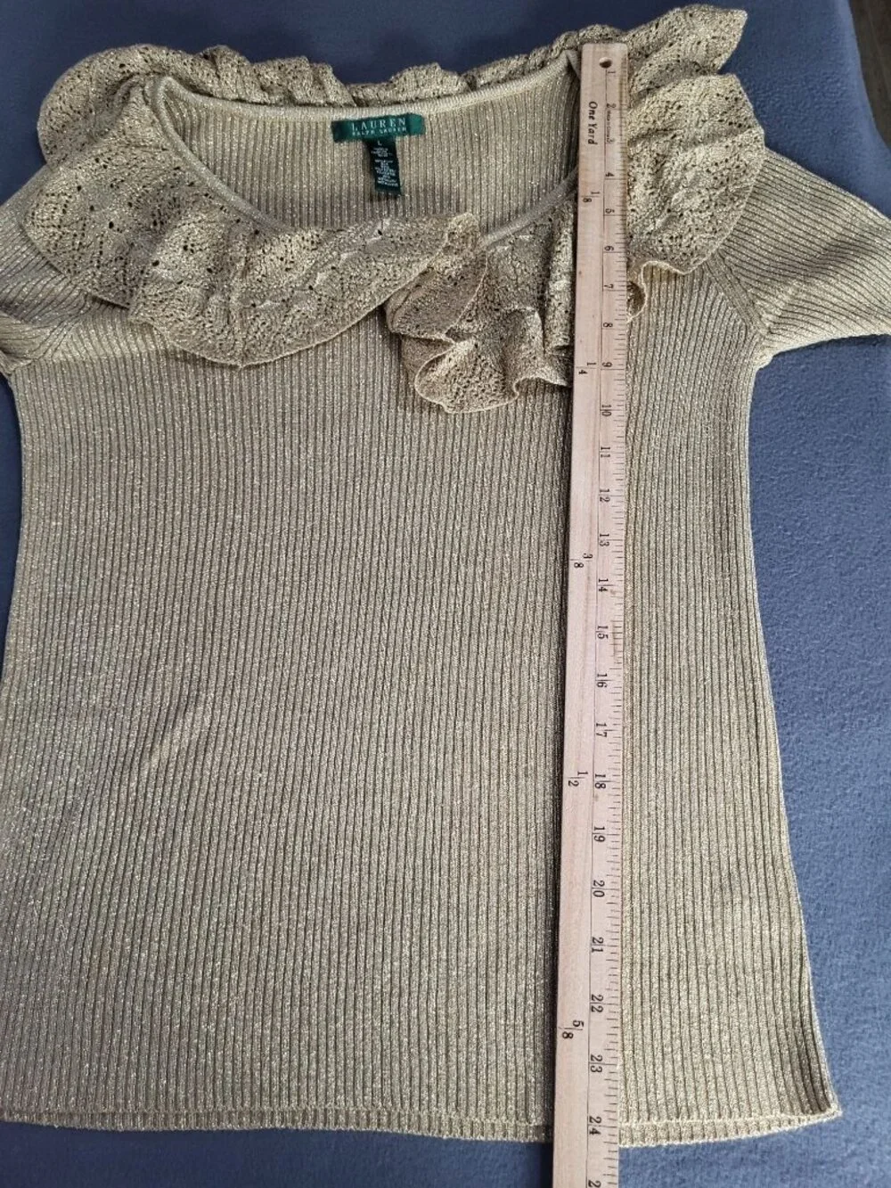 LAUREN RALPH LAUREN Womens L Gold Metallic Silk Polyester Ribbed Sweater Ruffle - Picture 7 of 7